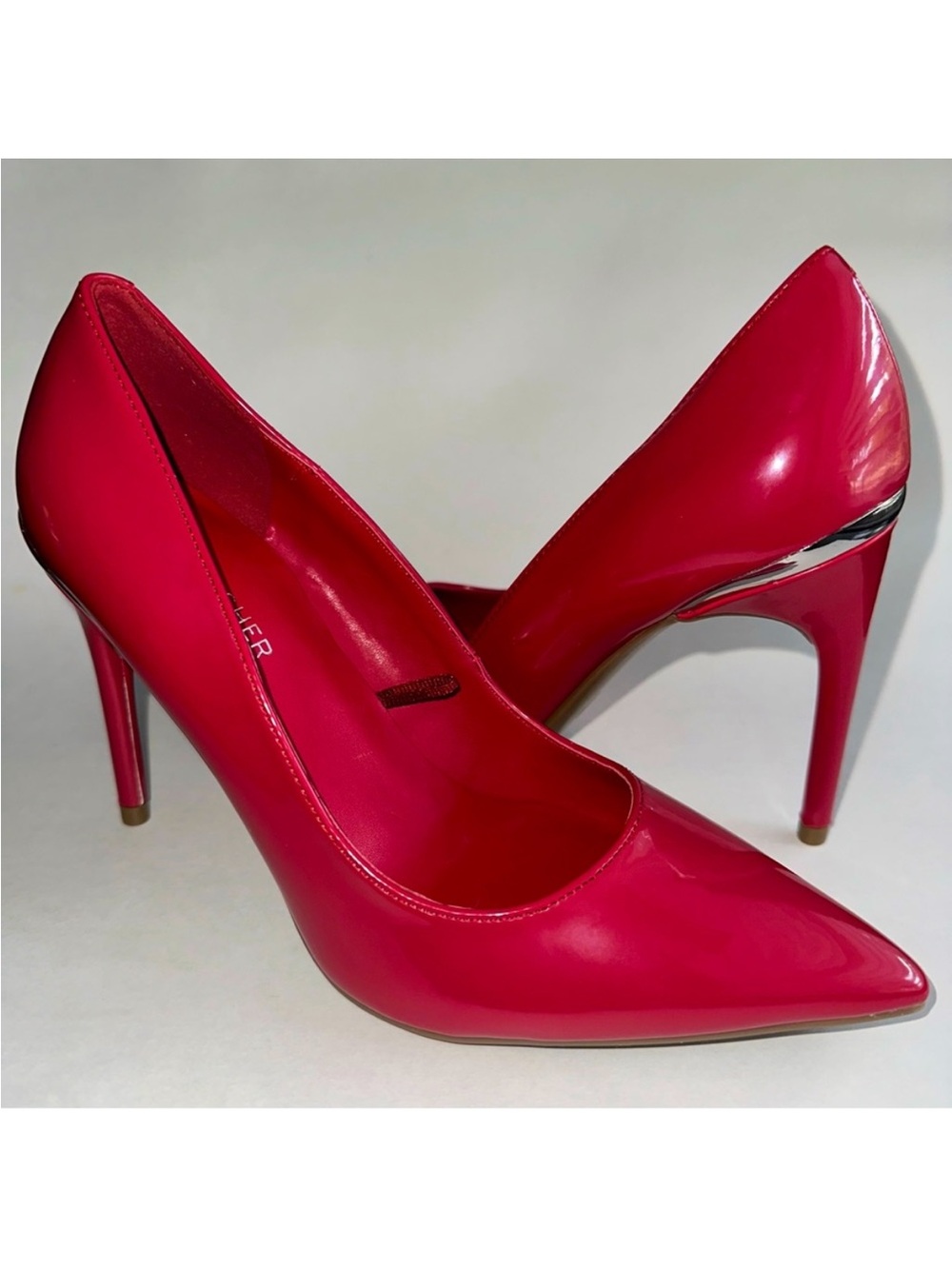 MARC FISHER candy apple red heels pumps stilettos approx 4” heel chrome detail 6